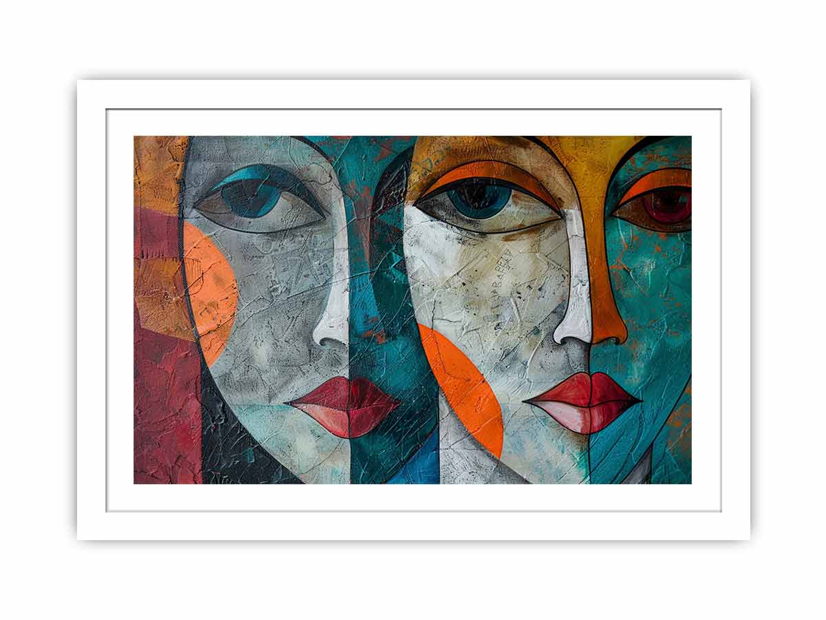 Modern cubist face portrait canvas art for bold contemporary living room decor.