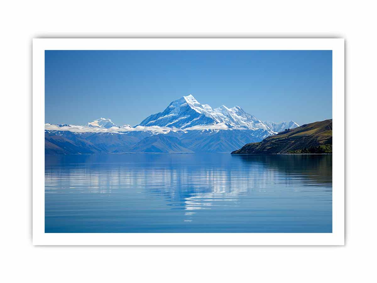 Blue mountain lake canvas art for calm modern bedroom, office, or living room decor.