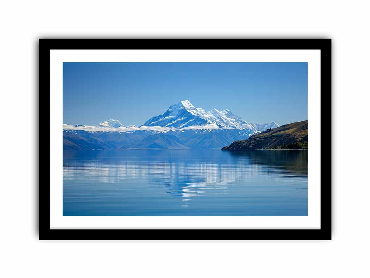 Blue mountain lake canvas art for calm modern bedroom, office, or living room decor.