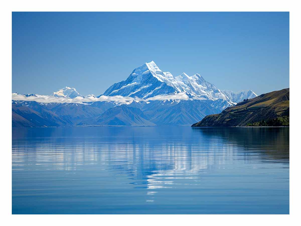 Blue mountain lake canvas art for calm modern bedroom, office, or living room decor.