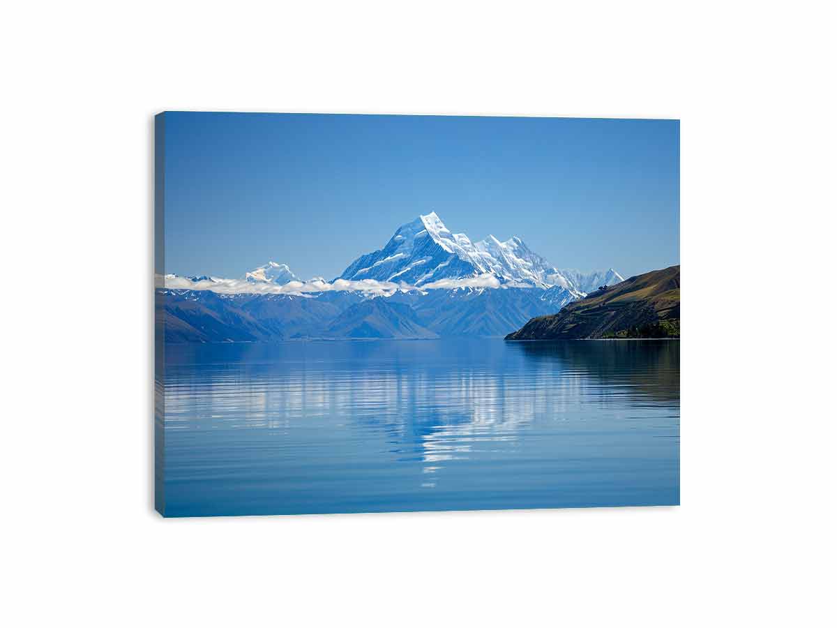 Blue mountain lake canvas art for calm modern bedroom, office, or living room decor.