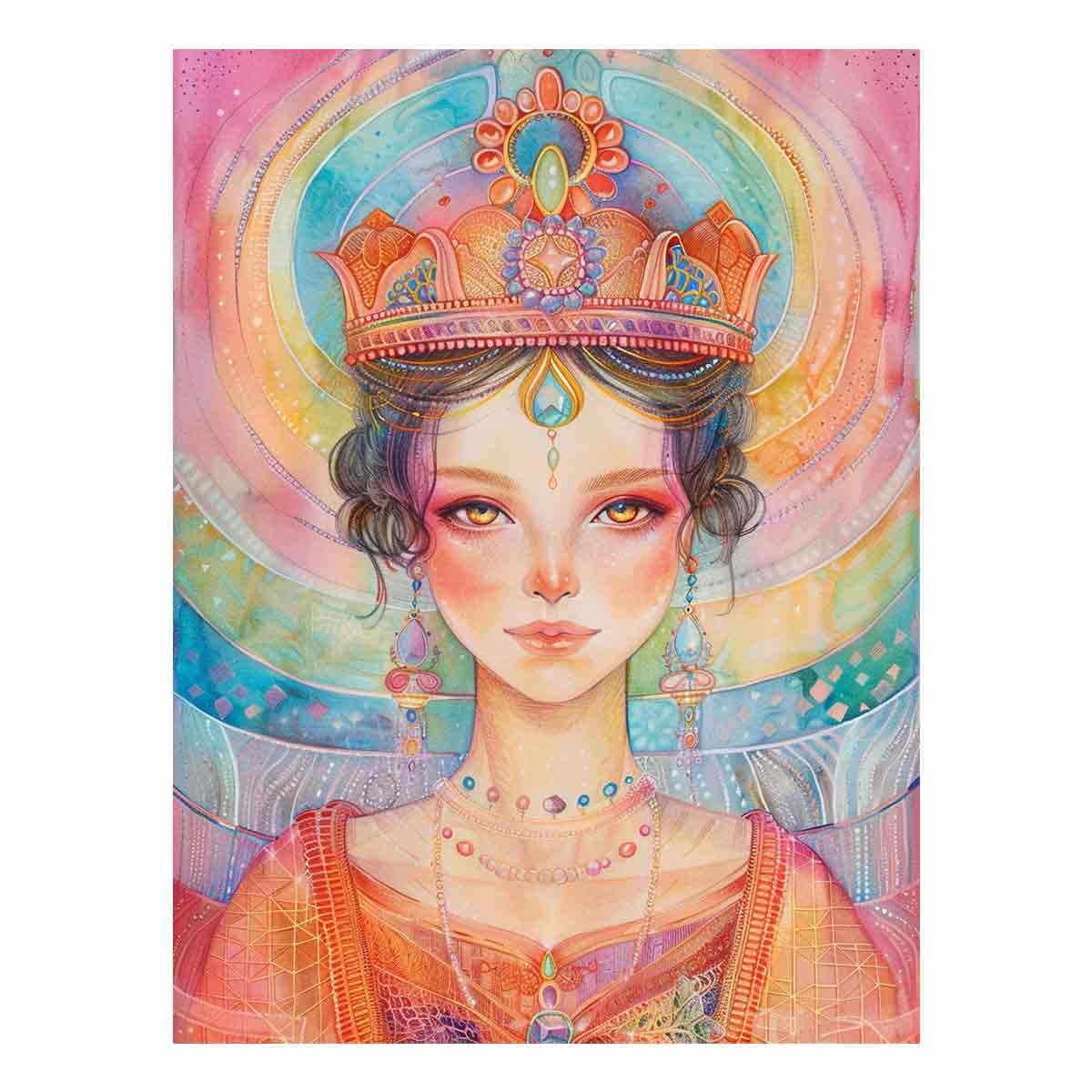 Pastel crowned woman portrait canvas art for dreamy feminine bedroom decor.