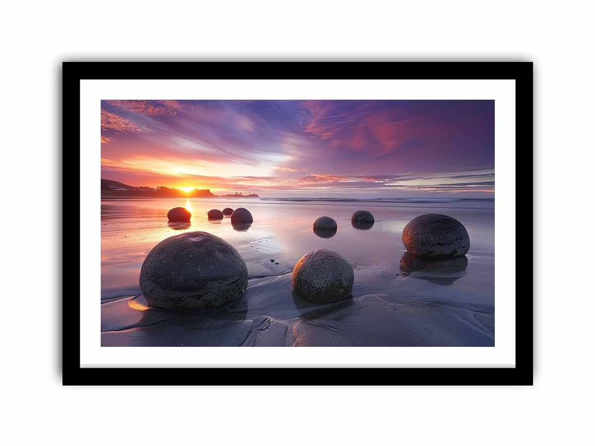 Coastal sunset boulder canvas print for serene beach house or living room decor.