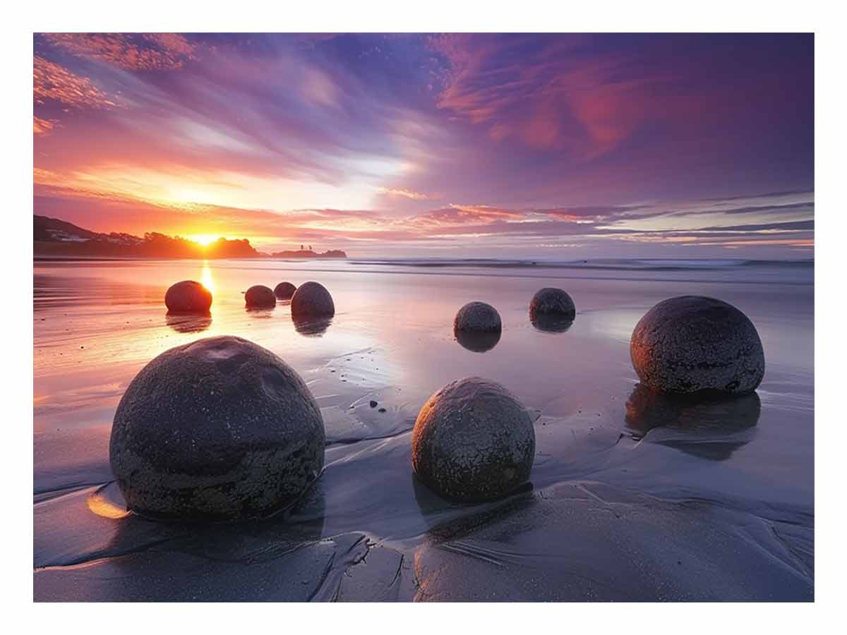 Coastal sunset boulder canvas print for serene beach house or living room decor.