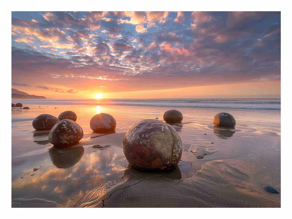 Coastal sunrise boulder canvas art for warm beach house and modern living room decor.