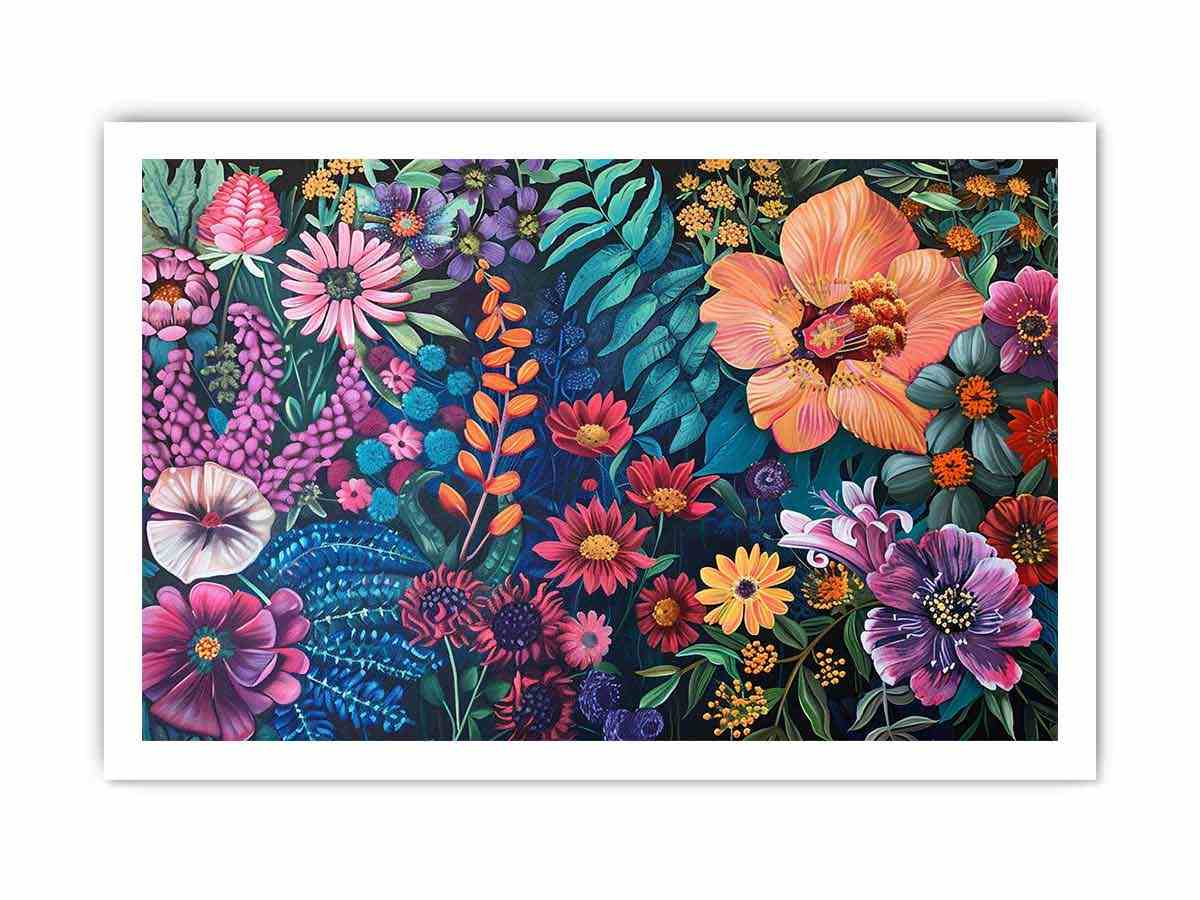 Bold floral garden canvas art on dark background for colorful living room decor.