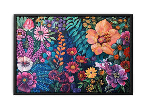 Bold floral garden canvas art on dark background for colorful living room decor.