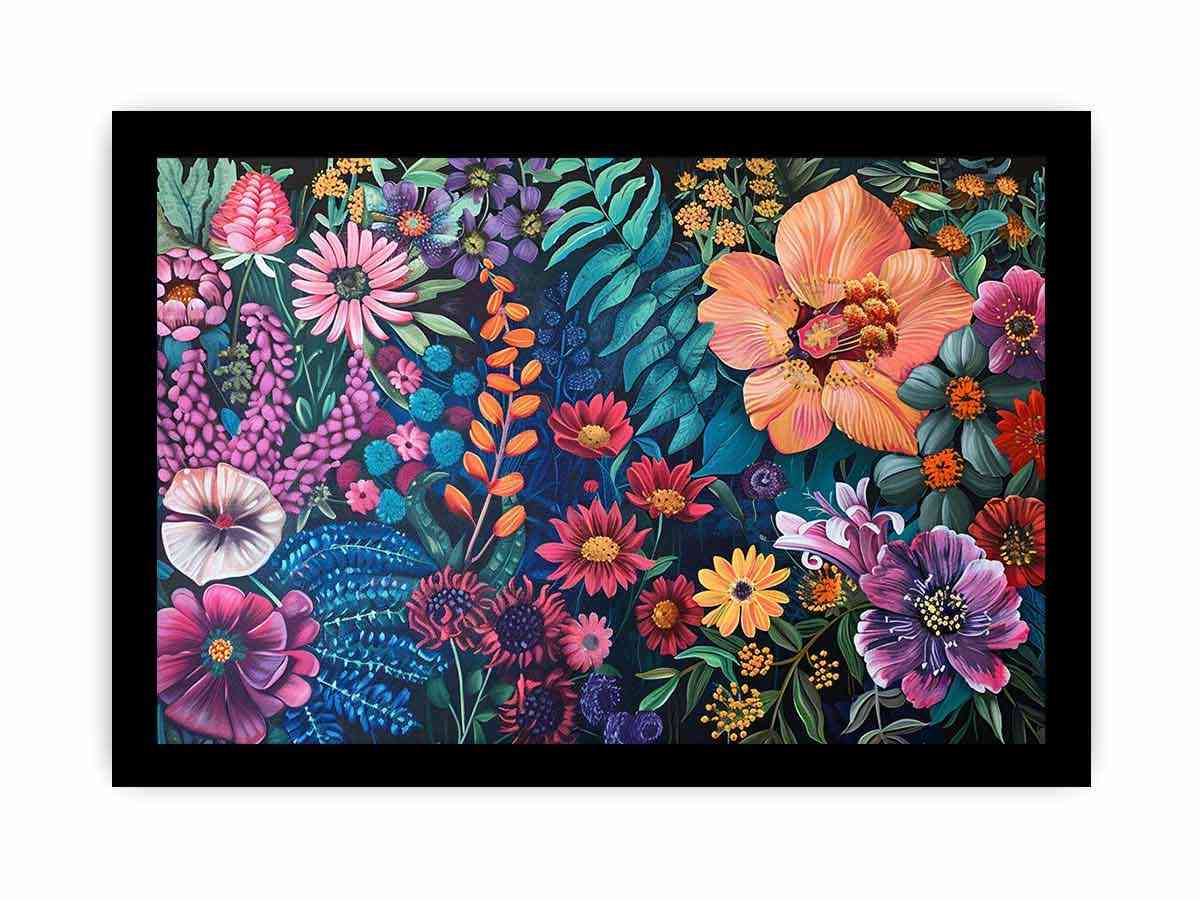 Bold floral garden canvas art on dark background for colorful living room decor.
