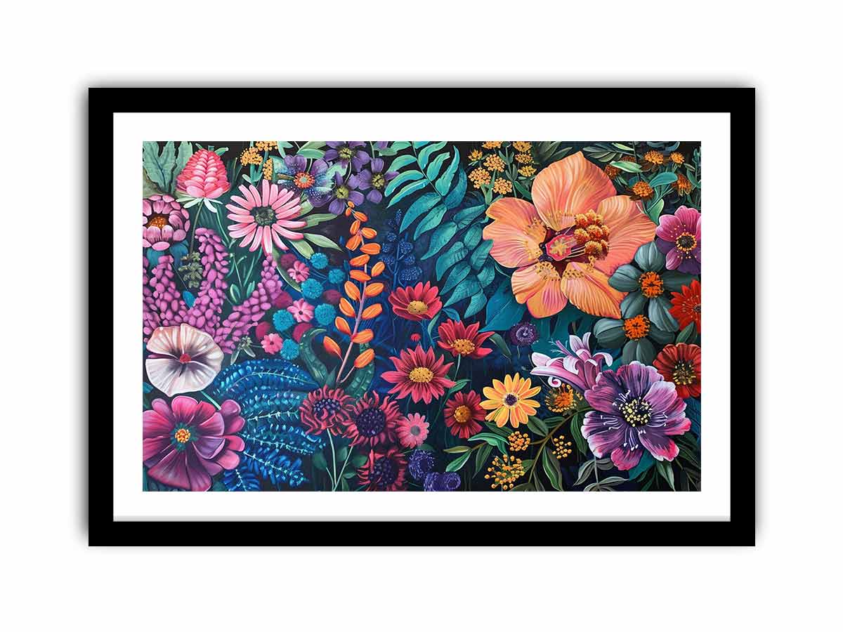 Bold floral garden canvas art on dark background for colorful living room decor.