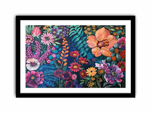 Bold floral garden canvas art on dark background for colorful living room decor.