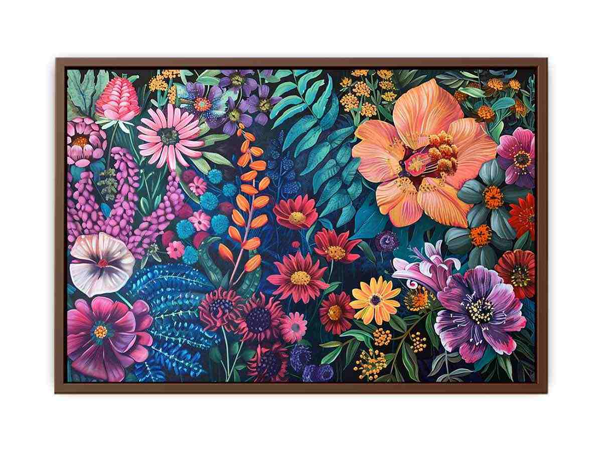 Bold floral garden canvas art on dark background for colorful living room decor.