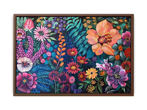 Bold floral garden canvas art on dark background for colorful living room decor.