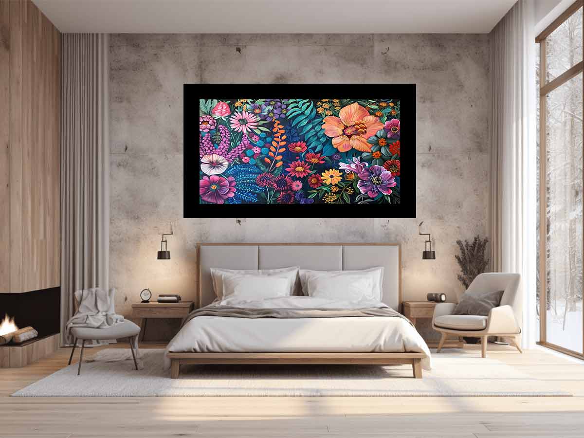 Bold floral garden canvas art on dark background for colorful living room decor.