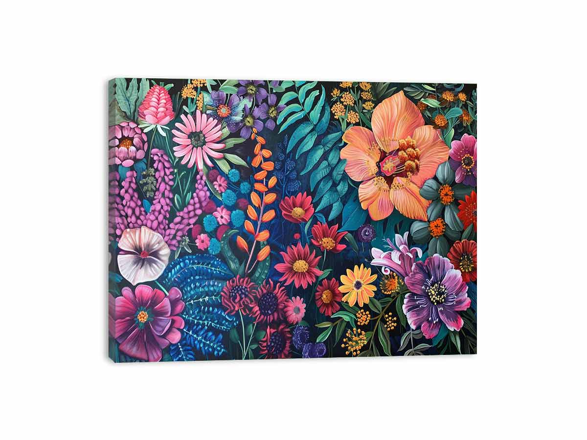 Bold floral garden canvas art on dark background for colorful living room decor.