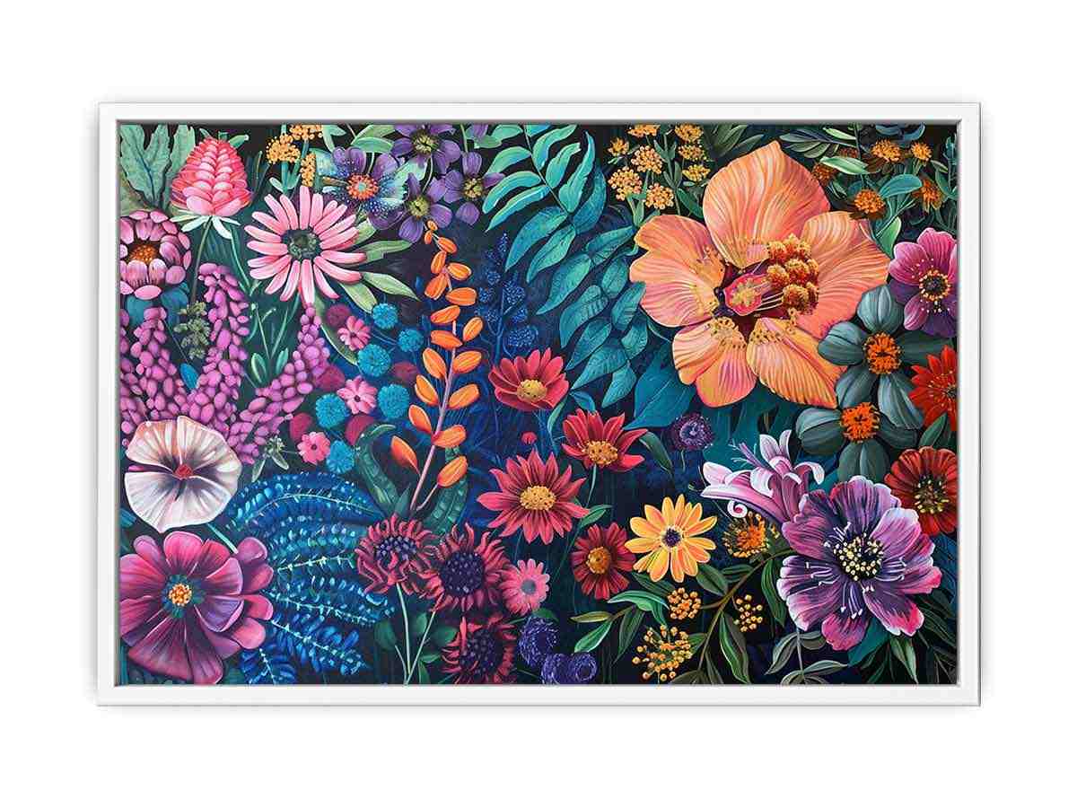Bold floral garden canvas art on dark background for colorful living room decor.