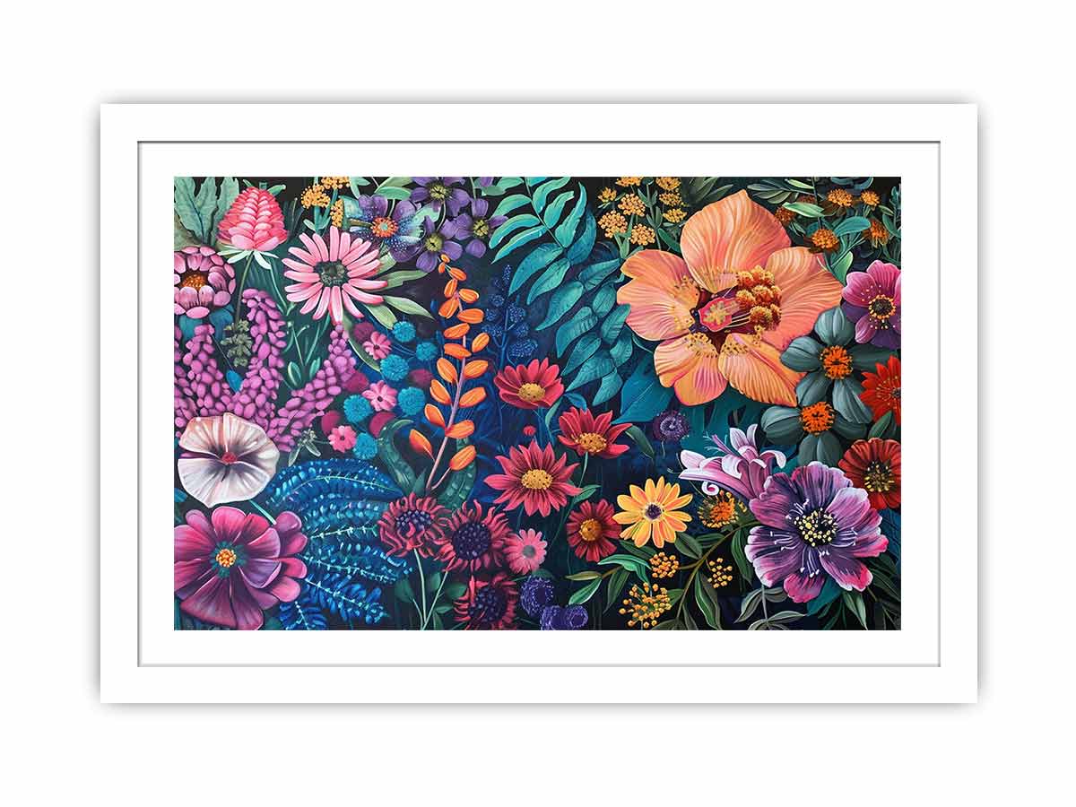 Bold floral garden canvas art on dark background for colorful living room decor.