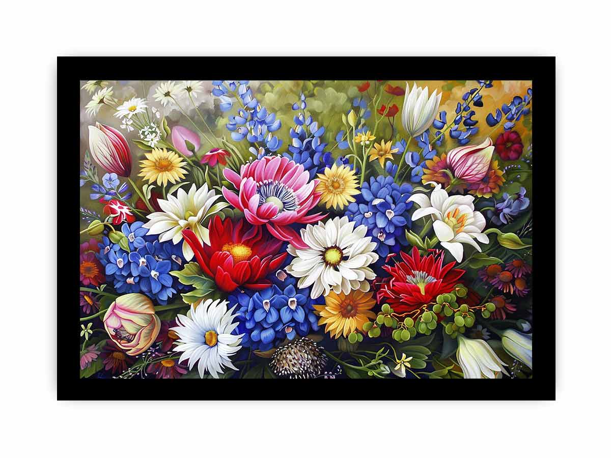 Colorful wildflower bouquet canvas art for bright living room or dining room decor.