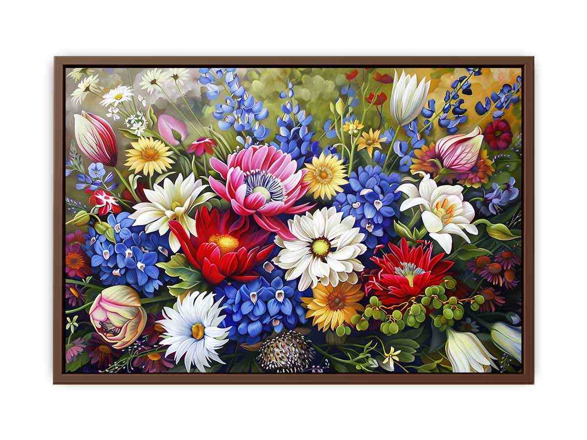 Colorful wildflower bouquet canvas art for bright living room or dining room decor.