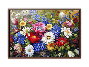 Colorful wildflower bouquet canvas art for bright living room or dining room decor.