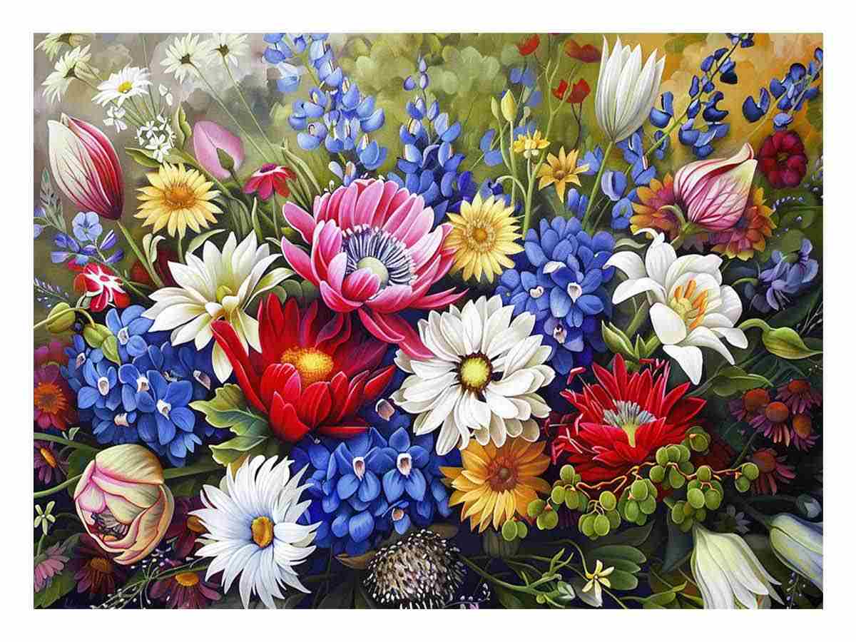 Colorful wildflower bouquet canvas art for bright living room or dining room decor.