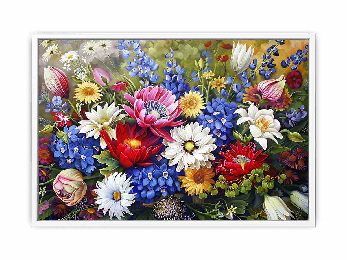 Colorful wildflower bouquet canvas art for bright living room or dining room decor.
