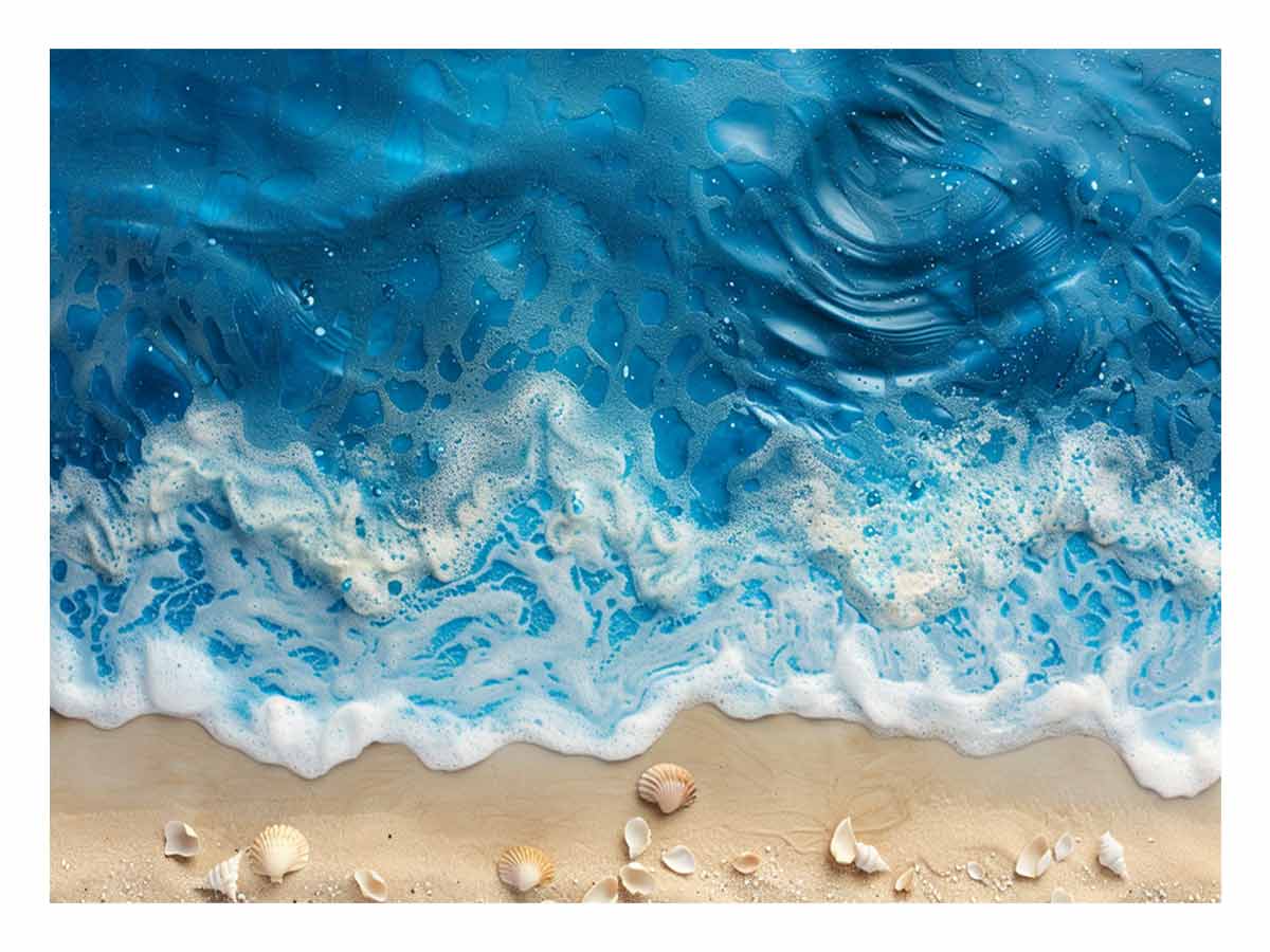 Ocean Foam Shoreline canvas art featuring ocean foam, sandy shore, seashells for modern living room decor.