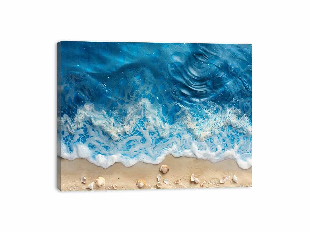 Ocean Foam Shoreline canvas art featuring ocean foam, sandy shore, seashells for modern living room decor.
