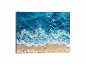 Ocean Foam Shoreline canvas art featuring ocean foam, sandy shore, seashells for modern living room decor.