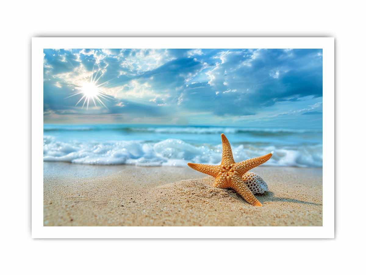 Sunlit Starfish Shore canvas art featuring starfish, shell, beach waves and sunlit sky for modern living room decor.