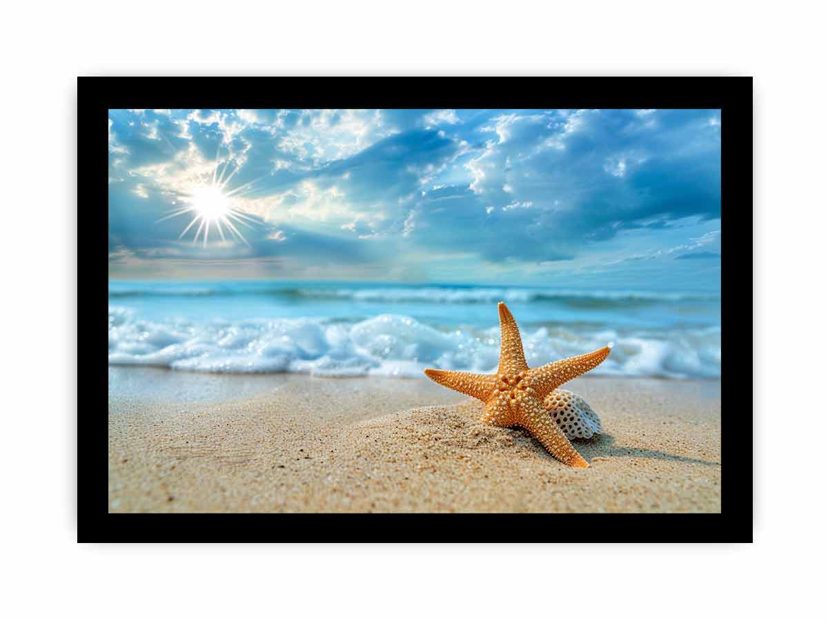 Sunlit Starfish Shore canvas art featuring starfish, shell, beach waves and sunlit sky for modern living room decor.