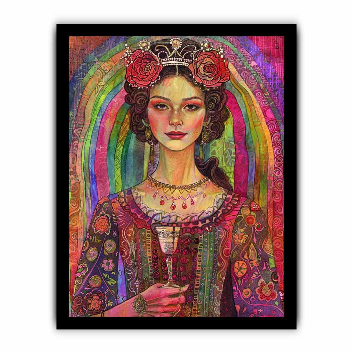 Rainbow Rose Queen canvas art featuring regal woman portrait with roses, crown and rainbow for modern living room decor.