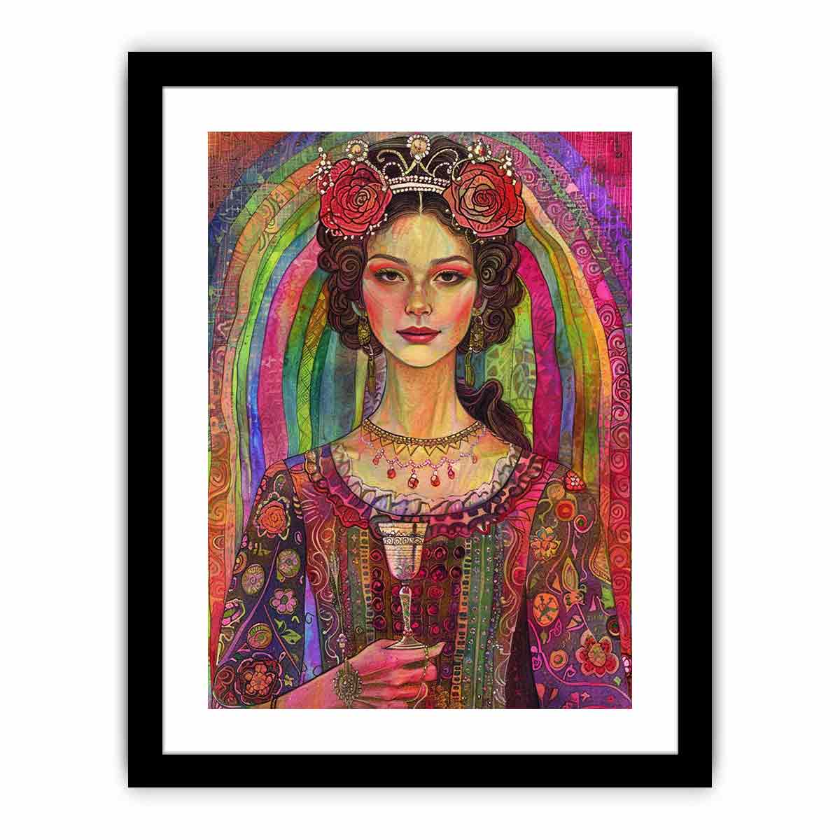 Rainbow Rose Queen canvas art featuring regal woman portrait with roses, crown and rainbow for modern living room decor.