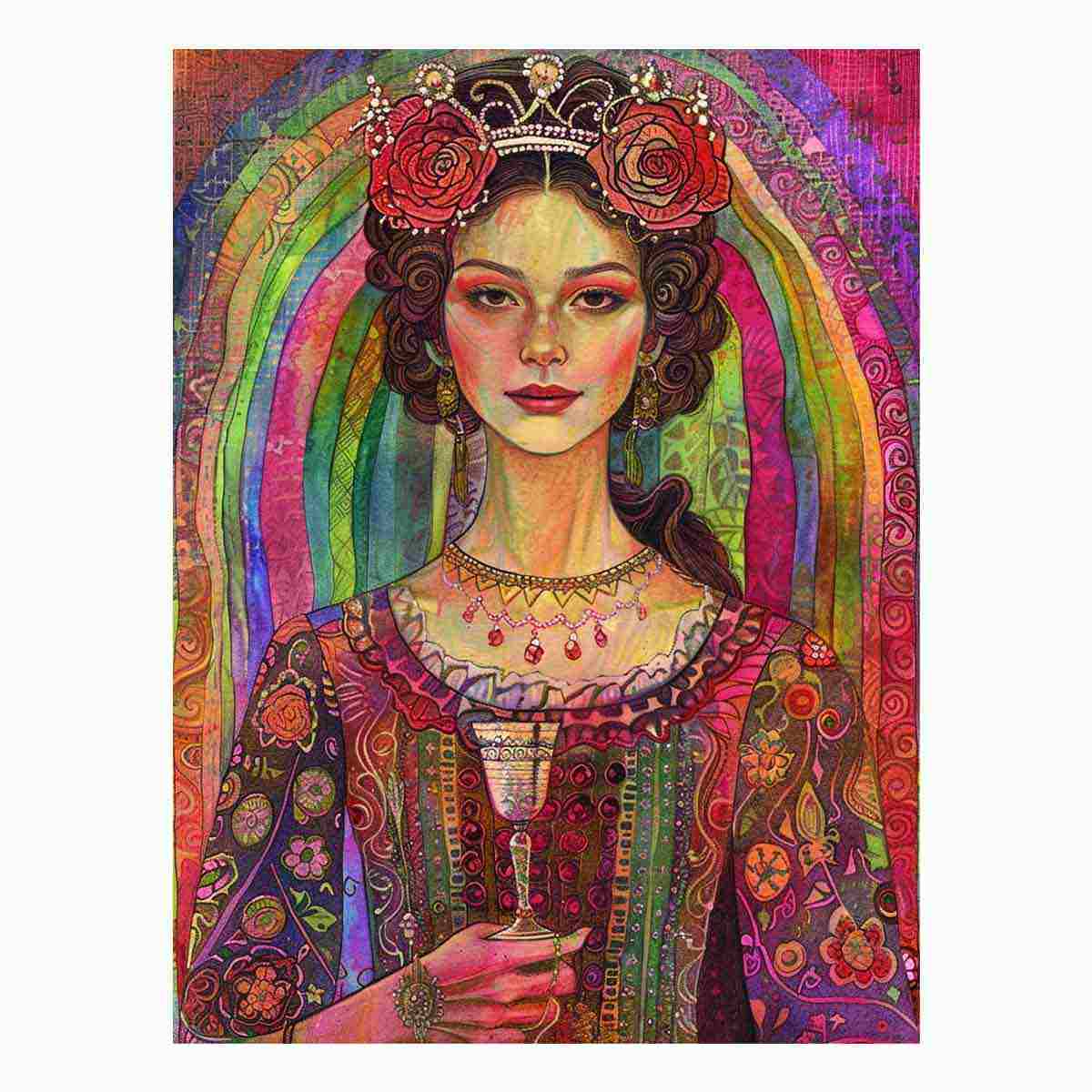 Rainbow Rose Queen canvas art featuring regal woman portrait with roses, crown and rainbow for modern living room decor.