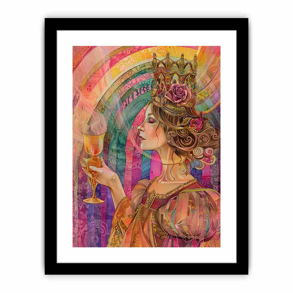 Crowned Chalice Muse canvas art featuring profile queen portrait with chalice, crown and rose for modern living room decor.