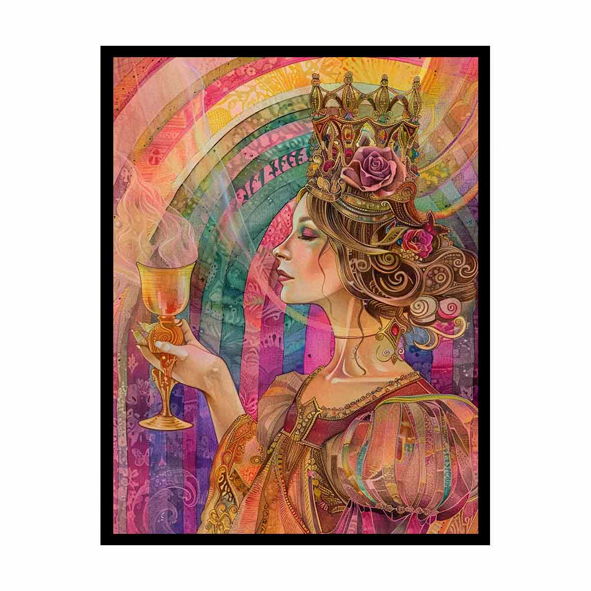 Crowned Chalice Muse canvas art featuring profile queen portrait with chalice, crown and rose for modern living room decor.
