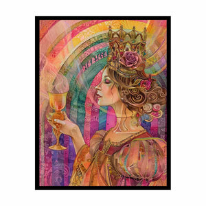 Crowned Chalice Muse canvas art featuring profile queen portrait with chalice, crown and rose for modern living room decor.