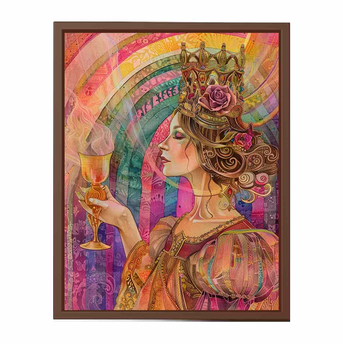 Crowned Chalice Muse canvas art featuring profile queen portrait with chalice, crown and rose for modern living room decor.