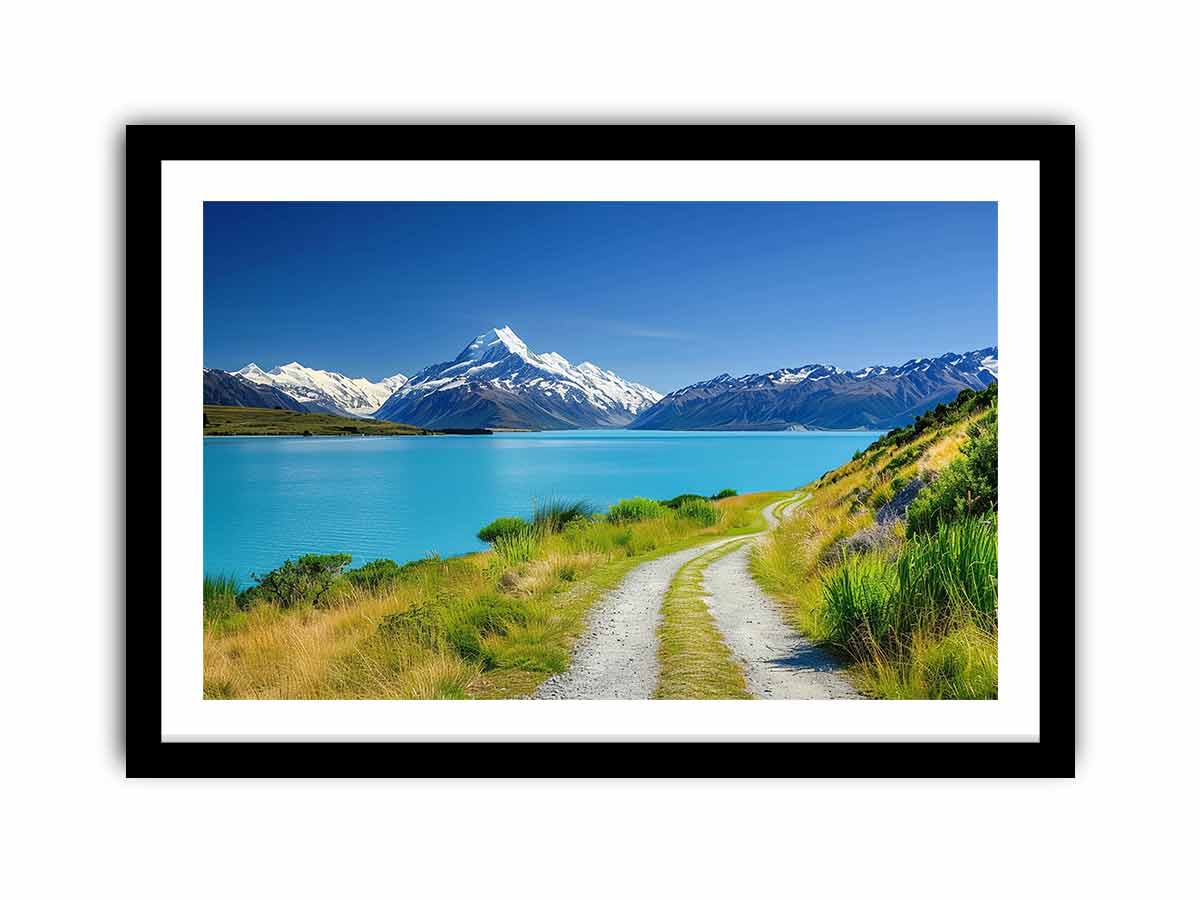 Alpine Lake Path canvas art featuring turquoise alpine lake, path and snow mountains for modern living room decor.