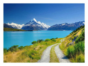 Alpine Lake Path canvas art featuring turquoise alpine lake, path and snow mountains for modern living room decor.