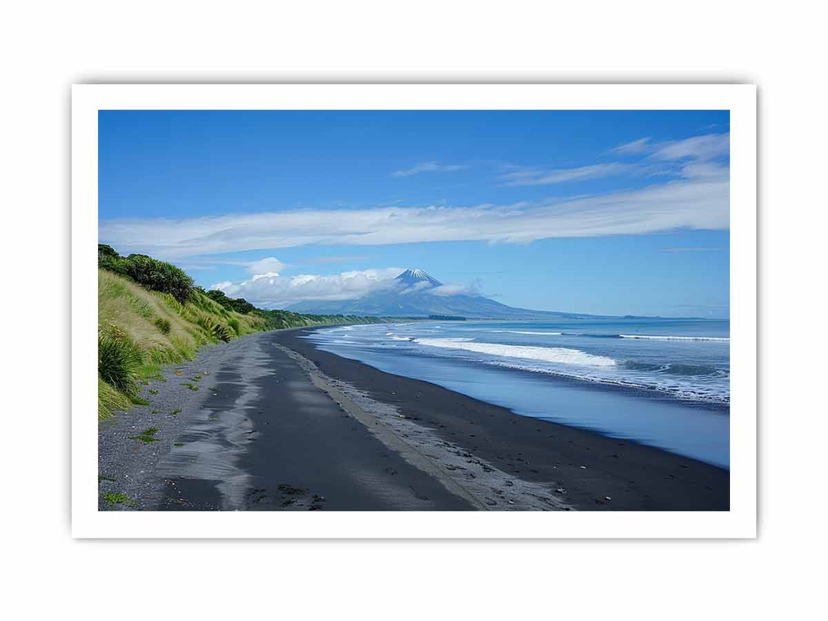 Black Sand Horizon canvas art featuring black sand beach, ocean and distant mountain for modern living room decor.