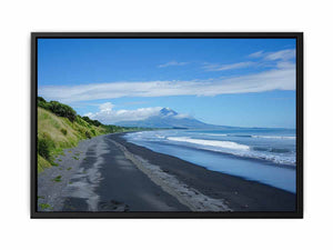 Black Sand Horizon canvas art featuring black sand beach, ocean and distant mountain for modern living room decor.