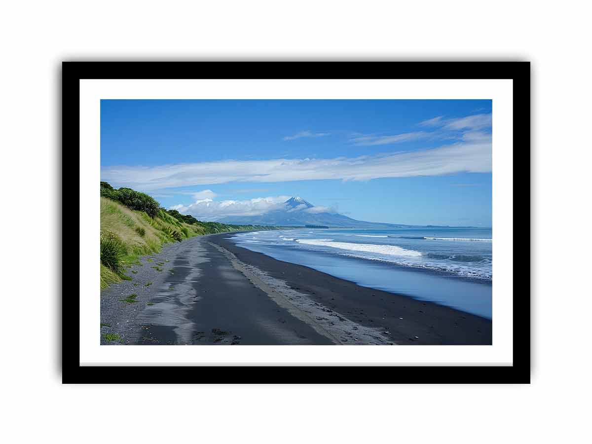 Black Sand Horizon canvas art featuring black sand beach, ocean and distant mountain for modern living room decor.