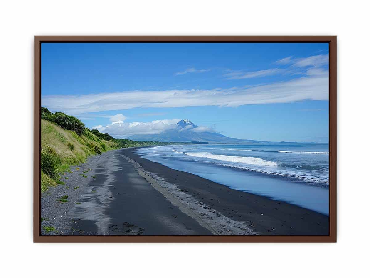 Black Sand Horizon canvas art featuring black sand beach, ocean and distant mountain for modern living room decor.