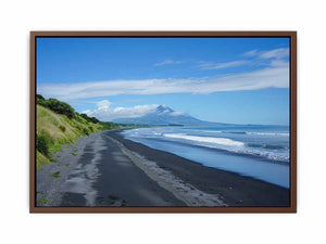 Black Sand Horizon canvas art featuring black sand beach, ocean and distant mountain for modern living room decor.