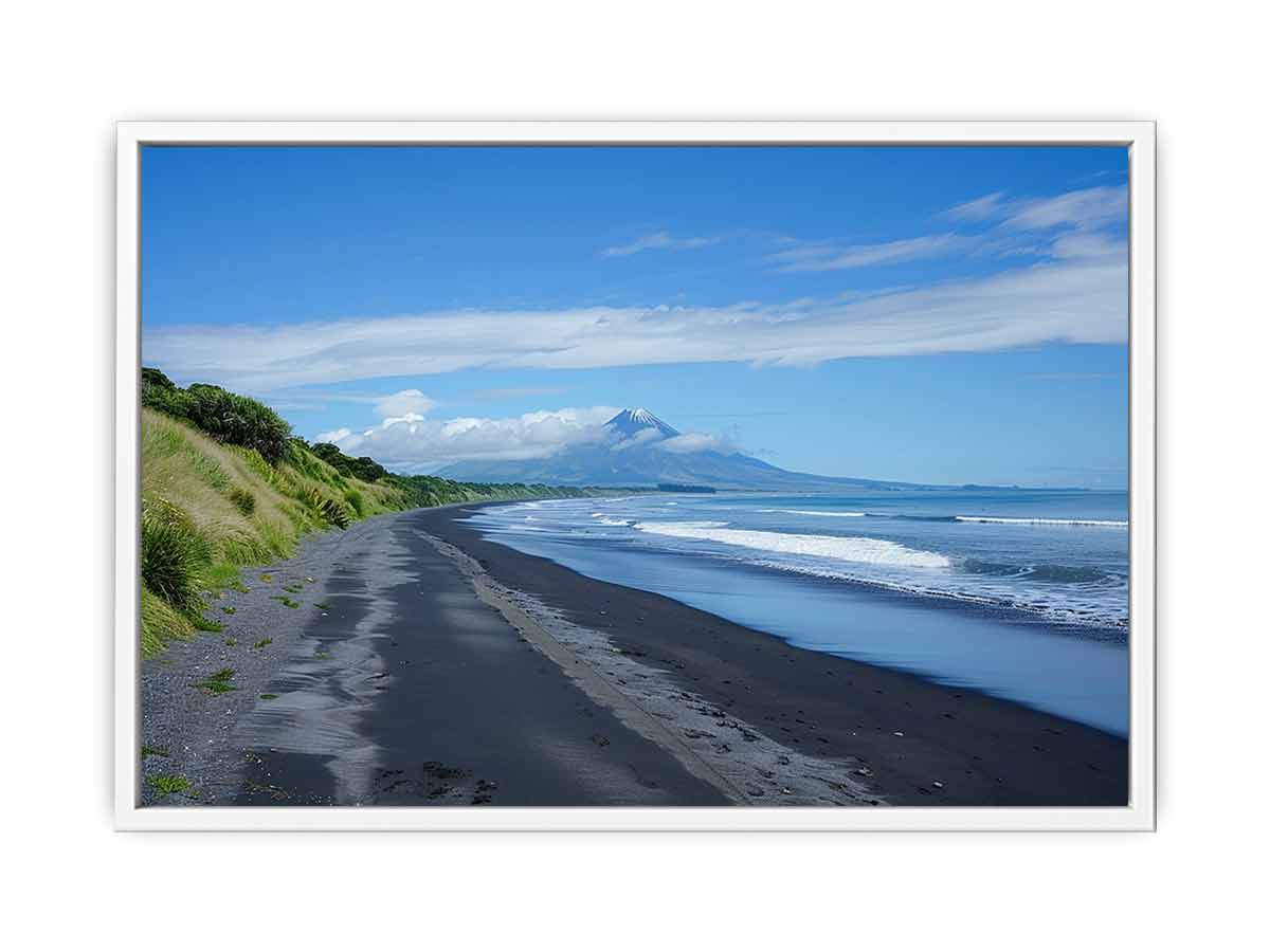 Black Sand Horizon canvas art featuring black sand beach, ocean and distant mountain for modern living room decor.