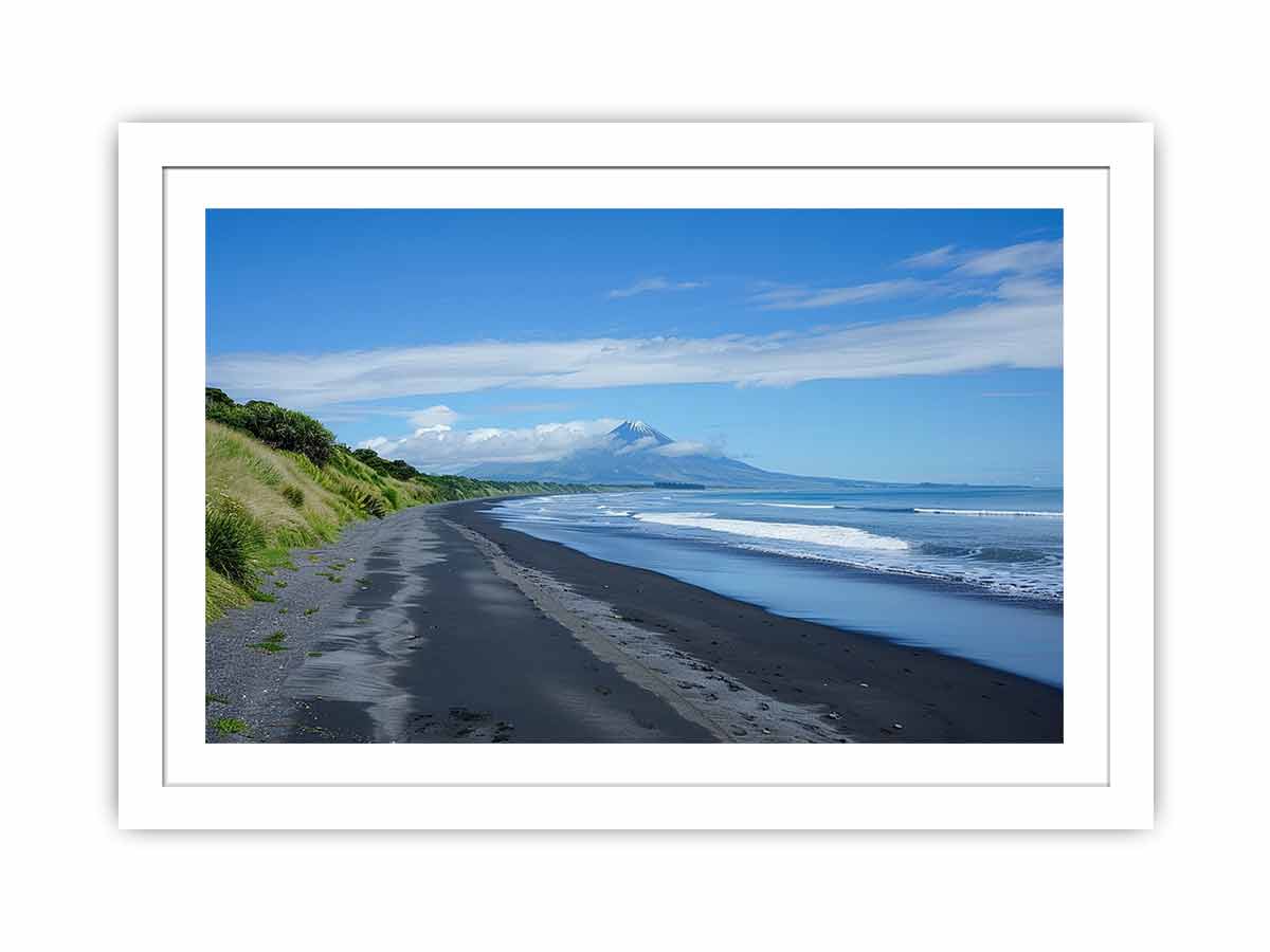 Black Sand Horizon canvas art featuring black sand beach, ocean and distant mountain for modern living room decor.