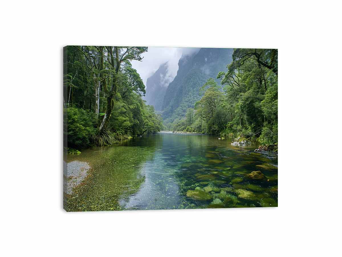 Rainforest River Calm canvas art featuring rainforest river with green trees and misty mountains for modern living room deco