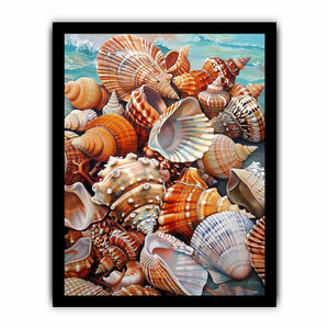 Seashell Treasure Tide canvas art featuring seashell collection by turquoise water for modern living room decor.
