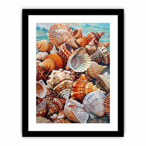 Seashell Treasure Tide canvas art featuring seashell collection by turquoise water for modern living room decor.