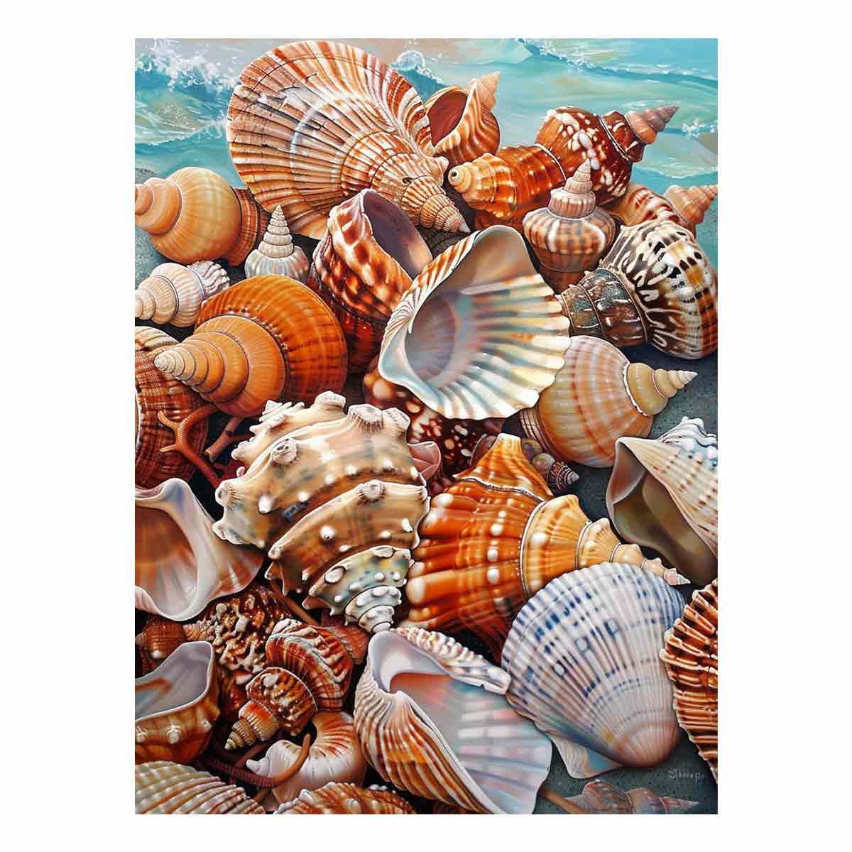Seashell Treasure Tide canvas art featuring seashell collection by turquoise water for modern living room decor.